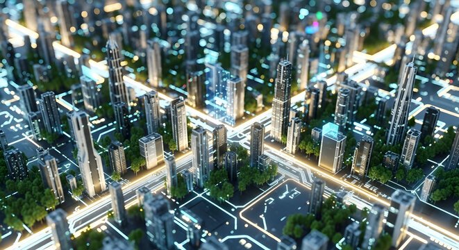 Futuristic cityscape with glowing circuits and modern skyscrapers at night - Powered by Adobe