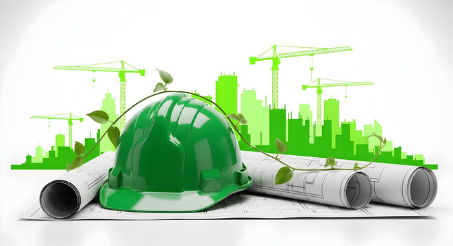 Green construction plans with growth signify eco-friendly urban development