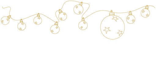 Minimalist one line drawing of Christmas ornaments hanging on a string. The continuous golden line art illustration features round baubles decorated with stars, symbolizing festive holiday decoration 