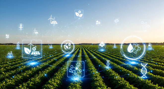 Smart farming technology enhances crop growth with futuristic digital icons