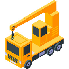 Orange Isometric Construction Crane Truck With A Hook And Boom Arm On A White Background