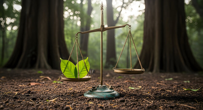 Balancing nature's weight scales with green leaves in lush forest