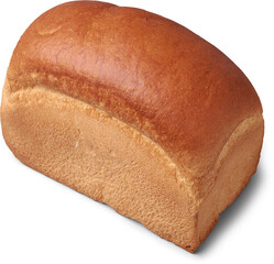 unsliced loaf of white sandwich bread, rich golden-brown crust, isolated white background, concepts of fresh baking and bakery goods taken from above