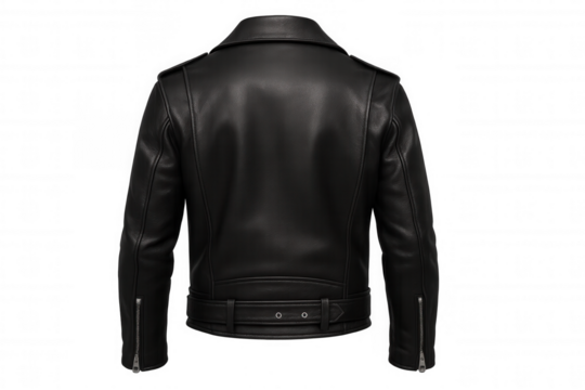 Black leather biker jacket, back view, standing on transparent background, featuring fashion, clothing, and style