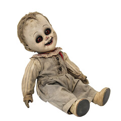 A spooky old haunted toy doll isolated on a transparent background png