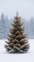 Obraz premium A single Christmas tree stands in a snowy field, with a forest blurred in the background during a winter snowfall.