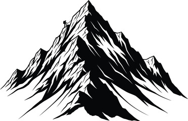 Mountain Climbing Adventure Silhouette Vector Illustration with Lone Climber Reaching Peak
