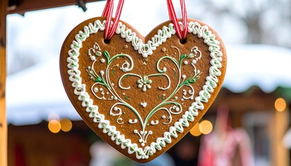 Festive iced gingerbread heart hanging on display
