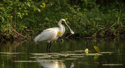 A unique bird with a distinctive beak stands in calm water amidst vegetation, sunlight dappling the scene