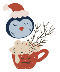 Cute kawaii penguin with Santa hat and a cozy red mug of hot cocoa and winter branches. Perfect for Christmas cards, posters, stickers, and festive holiday designs