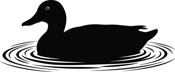Black Silhouette Duck Swimming with Water Ripples Vector Graphic Design