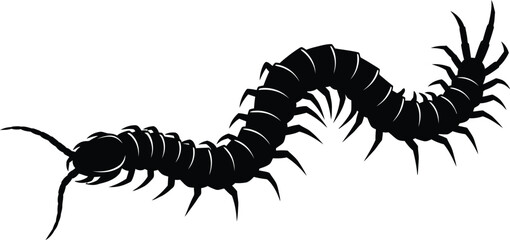 Black Centipede Vector Silhouette crawling on a white background creepy segmented bug icon design element