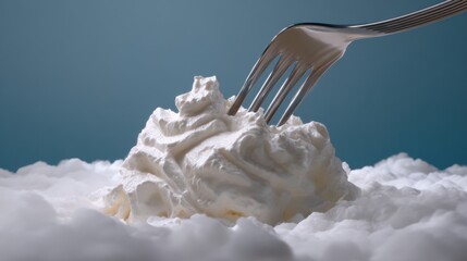A fork pierces a fluffy mound of whipped cream resting on a soft, white surface, creating a visually striking contrast against a blue background.