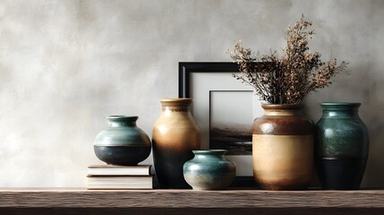 A rustic wooden shelf displays a collection of ceramic vases stacked books and a framed picture bathed in soft natural light
