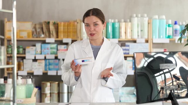 Smiling young female pharmacist in white coat standing at counter at drugstore and showing box of topical ointment, explaining purpose and application for external skin treatment. High quality 4k