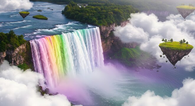 Majestic waterfall with rainbow effect, floating islands, lush vegetation, and billowing clouds