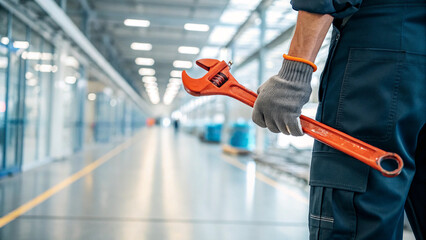 Skilled tradesman with a heavy-duty wrench for industrial maintenance work.