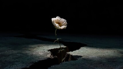 A solitary white flower grows from a crack in the dark ground, symbolizing resilience and hope in a stark environment.