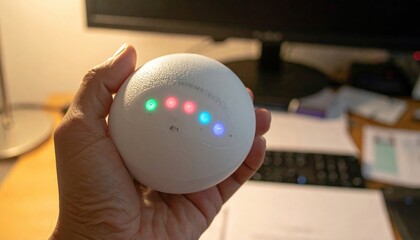Hand squeezes a connected stress relief ball that lights with feedback signals blurred office desk behind clean modern wellness concept with copy space