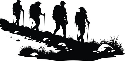 Group of Hikers Trekking Uphill with Backpacks and Poles Silhouette Vector Illustration © Meherun
