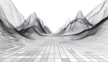 Abstract wireframe landscape, depicting mountains and gridded ground
