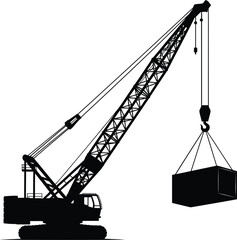 Industrial Heavy Duty Crawler Crane Lifting Container Silhouette Vector Icon