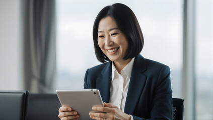 Obraz premium Focused business lady on tablet: A focused business lady in a sleek suit, engrossed in a tablet, reflecting on the digital world.