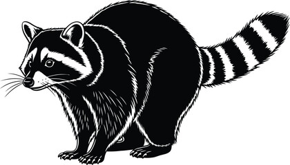 Black and white stylized raccoon vector illustration in a dynamic pose wildlife graphic art design © Meherun