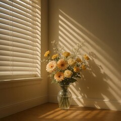 The corner of the room where streams of light pass through the blinds onto the vase of flowers placed in the corner.