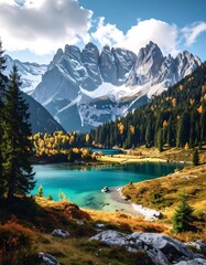 Scenic shot of a turquoise lake and forested area, mountains in the distance