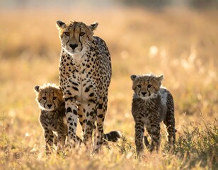 Mother cheetah and two cubs walk across savanna grassland