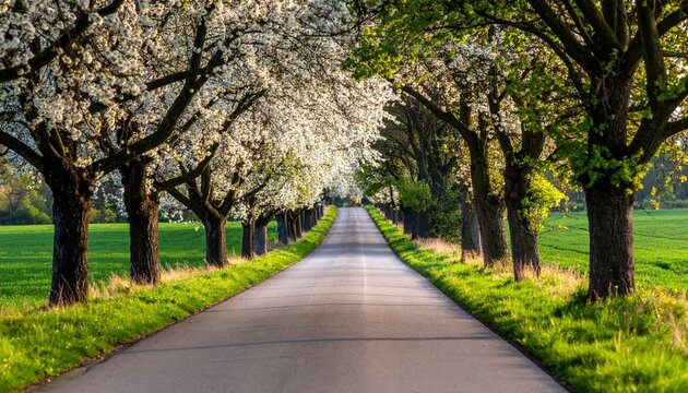 Road alley with blooming trees in spring