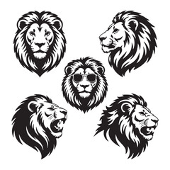 Obraz premium Five Black And White Lion Head Illustrations With One Wearing Sunglasses animal wildlife