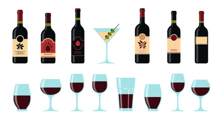 A collection of different wine and cocktail glasses with bottles of alcoholic beverages.
