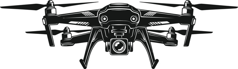 Modern Drone with Camera Vector Illustration Black and White Silhouette for Aerial Photography and Technology Concepts
