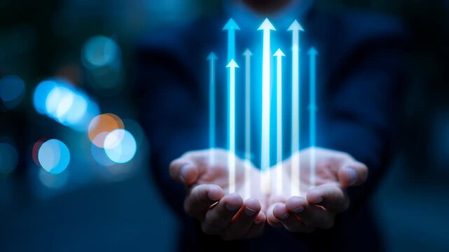 Hands holding glowing arrows symbolizing growth and success in a dynamic business environment