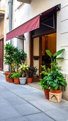 Narrow European storefront adorned with plants, awning, and open doorway