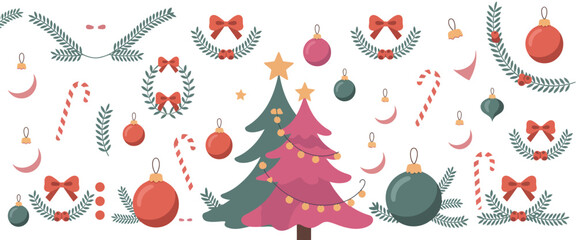 Festive Christmas Decorations Collection featuring Trees, Ornaments, Bows, and Candy Canes for Holiday Celebrations