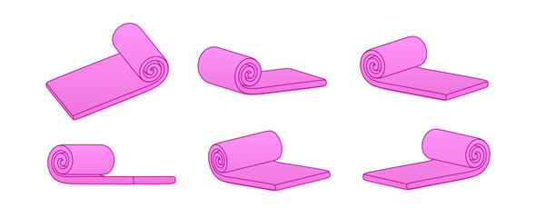 Pink yoga mat vector illustration, rolled and unrolled fitness equipment. Minimalist yoga mat set for pilates, gym, and workout design. Yoga mat icon for sport, health, and relaxation themes