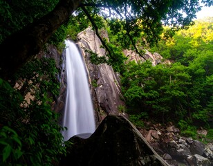Scenic Waterfall Flowing Through Lush Green Mountain Landscape