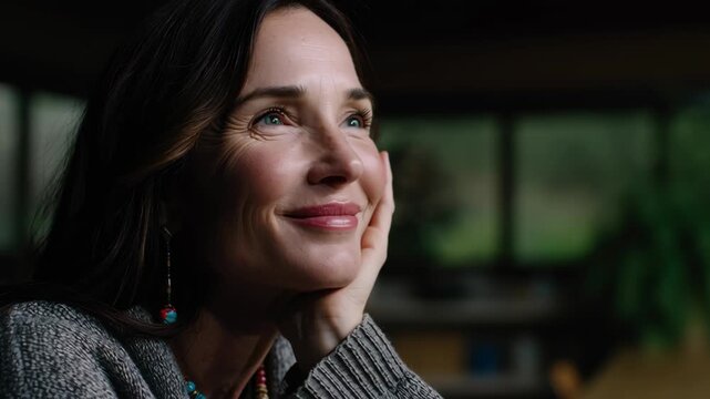 Contemplative woman in a cozy setting, showcasing beauty and inner peace in natural light