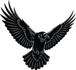 Black Raven Flying with Open Wings Vector Graphic Illustration