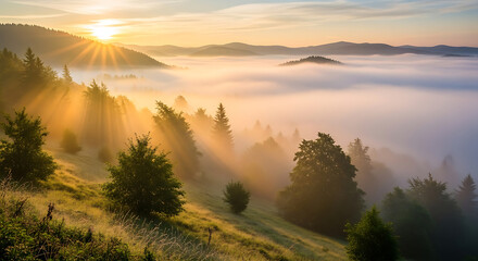 Obraz premium Golden Sunrise Over Misty Mountain Forest Landscape.