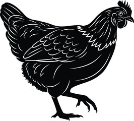 Black and White Stylized Hen Chicken Silhouette Vector Illustration Isolated