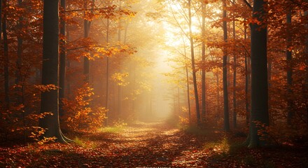 Autumn forest scene with sunlight filtering through trees creating a path