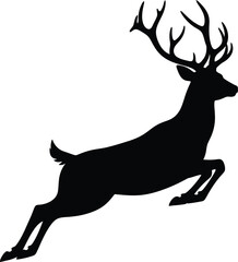 Black silhouette of a powerful majestic stag with large antlers in a dynamic leaping or jumping pose, isolated vector graphic on white