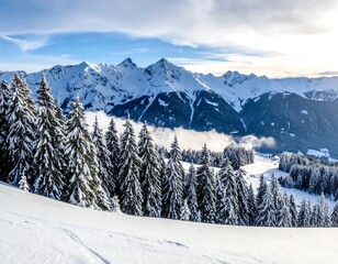Snowy fir trees in the foreground frame a mountainous winter landscape