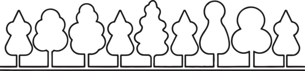 A minimalist line drawing showcases a serene row of trees, each uniquely shaped, standing in silhouette against an, evoking a sense of calm and natural beauty