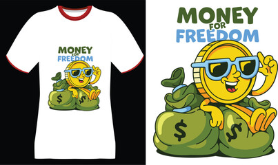 Cartoon coin character with money bags and "Money for Freedom" text