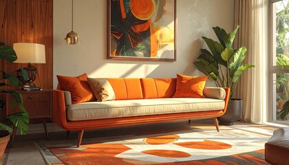 Interior showcases a mid-century modern living room arrangement featuring an orange sofa, a wooden cabinet with a lamp, a framed artwork on the wall, and a large potted plant.